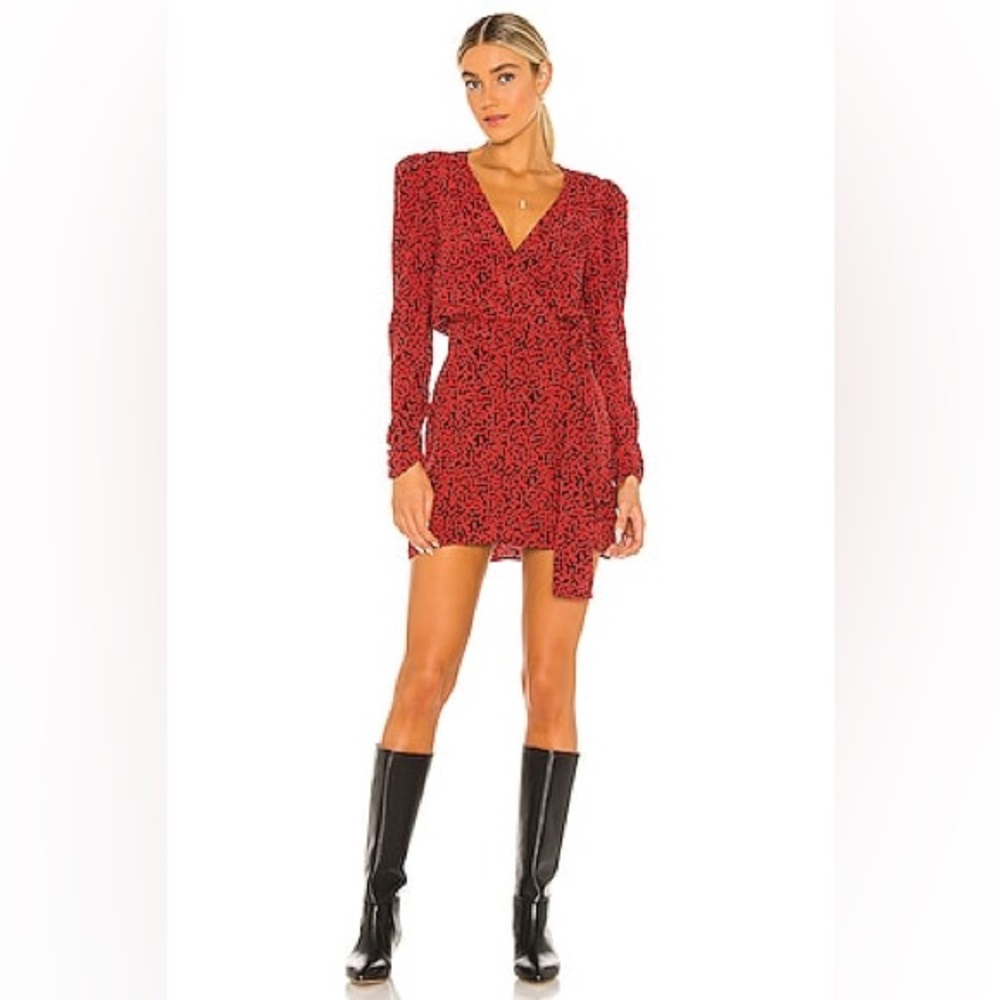 NWT. 10. Free People Kinsley Wrap Dress in Red with Black 
“Ditzy Floral” Print